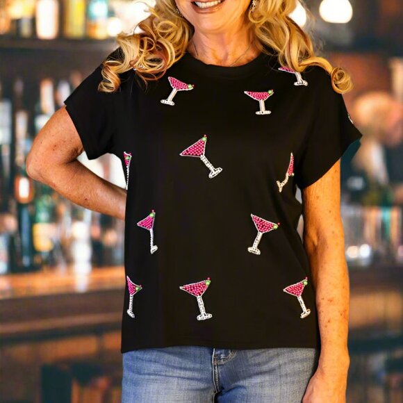 NWT Queen Of Sparkles Black & Pink Scattered Pearl Cosmo Tee - Picture 2 of 7